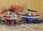 seascape, boat, sailboat, boatyard, original watercolor painting, oberst